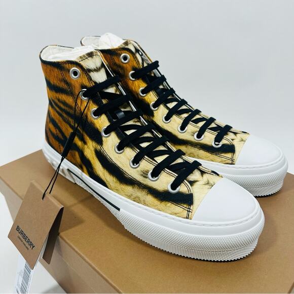 Burberry Jack 43/ US 10 High Top Sneaker in Tiger Print Orange Black NIB $720 - Picture 4 of 10